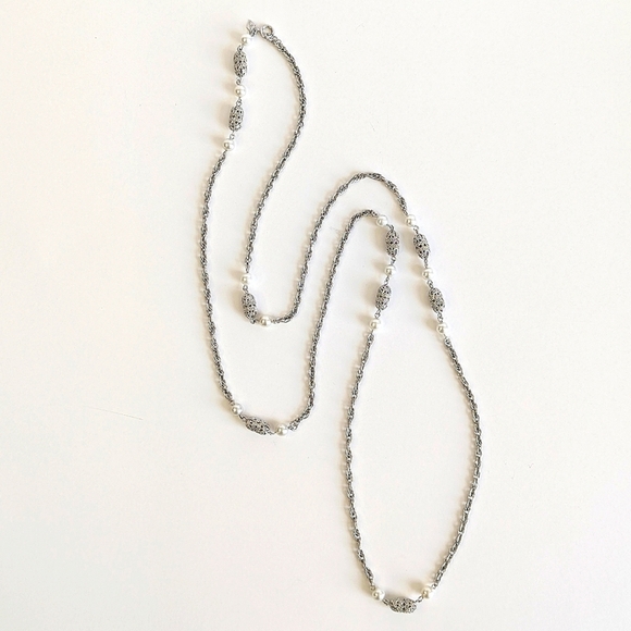 Sarah Coventry 53" Opera Length Necklace Rolo Chain Faux Pearls Silver Tone - Picture 3 of 6